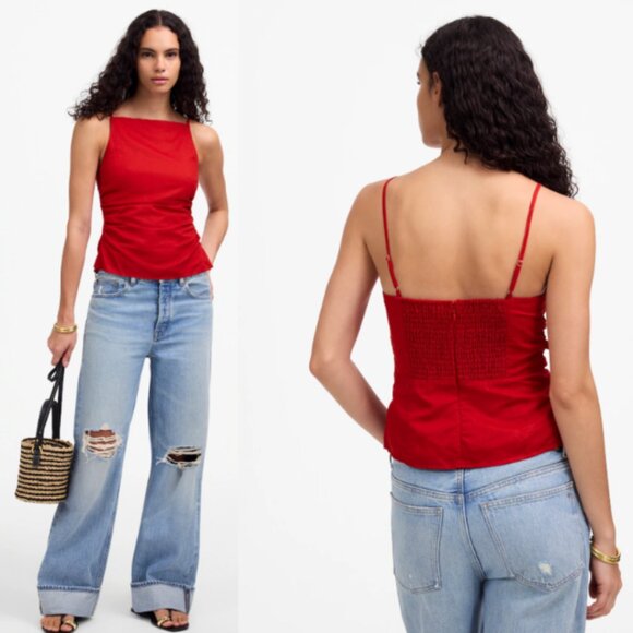 Madewell Ruched Squareneck Tank in Linen-Cotton NWT in Red 2 - Picture 2 of 11